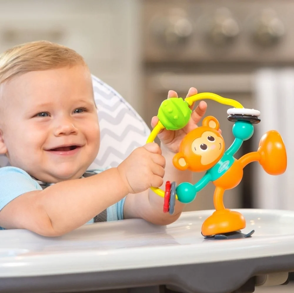 Infantino Stick & Spin High Chair Pal Colorful Monkey Baby Toy Mirror Suction 6m